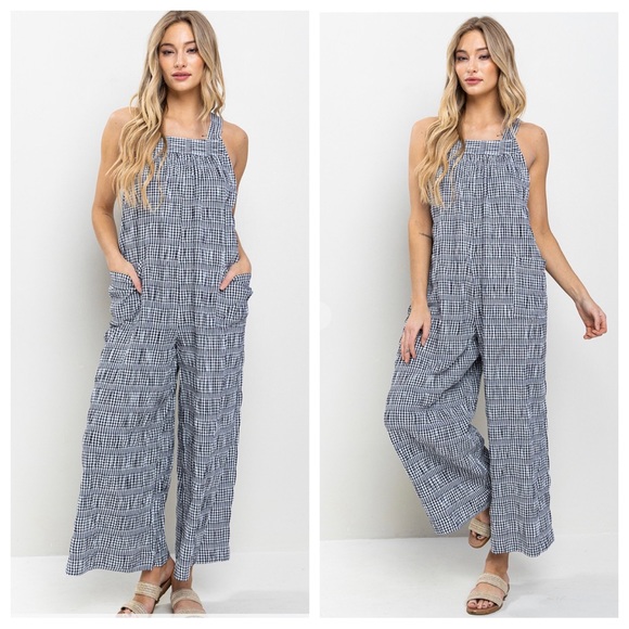 ShopEvelynne Pants - 15 Boho Loose fit Plaid Wide-Leg Jumpsuit Side Pockets and adjustable straps